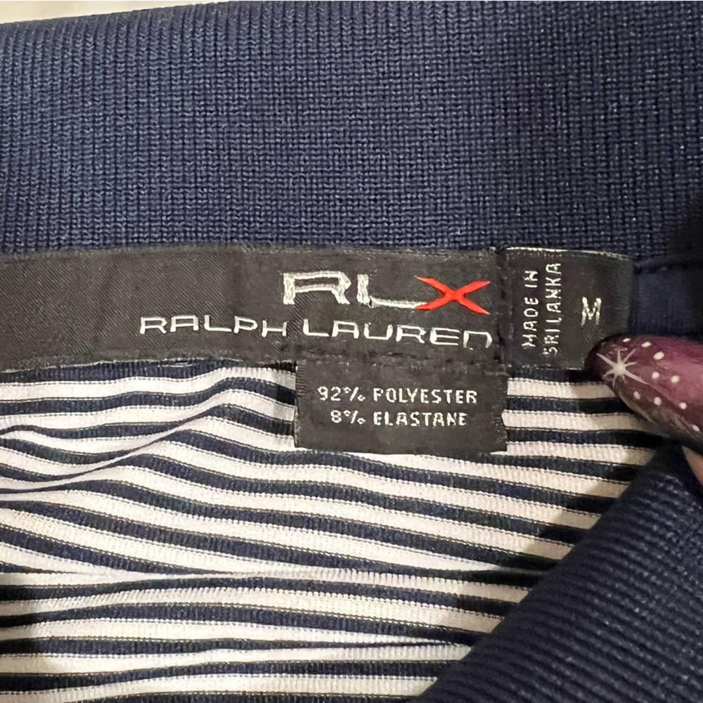 RLX Ralph Lauren men's navy striped polo with navy/yellow collar medium golf - Picture 7 of 12